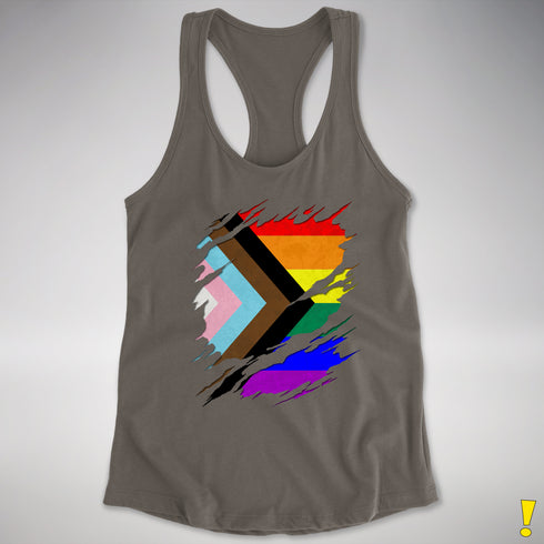 LGBTQ Progress Pride Flag Ripped Reveal Racerback Tank - Dark Grey